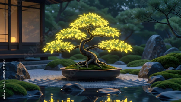Obraz Magical Glowing Bonsai Tree in Enchanted Forest