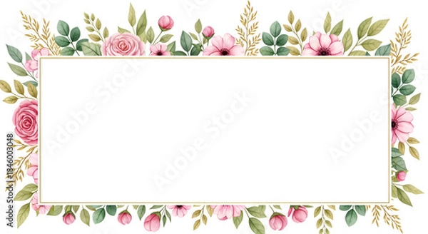 Fototapeta Pink flower frame background with watercolor