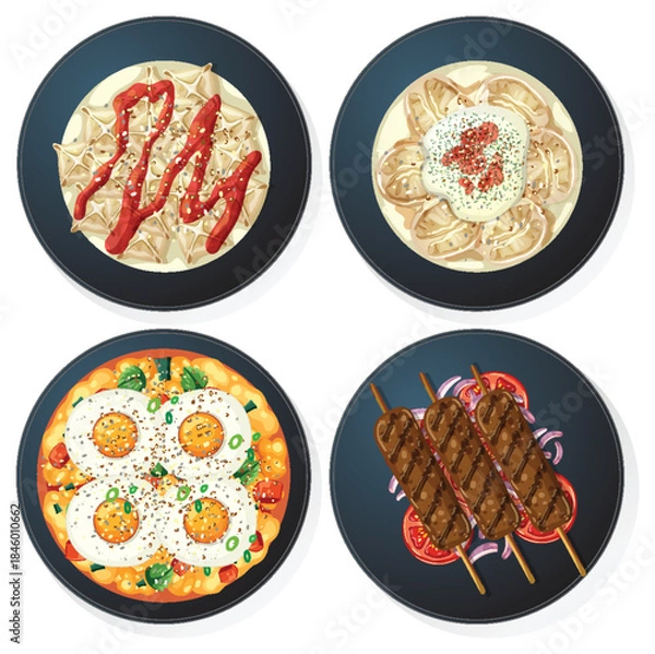 Fototapeta Traditional Middle Eastern Dishes on Black Plates Top View