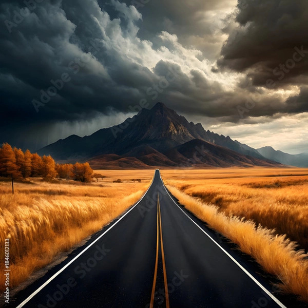 Fototapeta An empty asphalt road stretches towards a dramatic mountain under a stormy sky with golden fields on either side symbolizing journey and adventure
