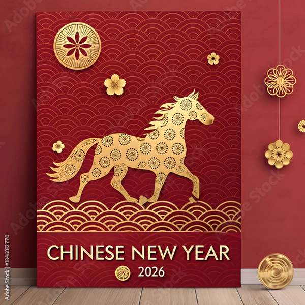 Fototapeta Golden horse silhouette with traditional Chinese patterns celebrating Chinese New Year 2026 with auspicious red and gold design elements suitable for festive invitations and decorations