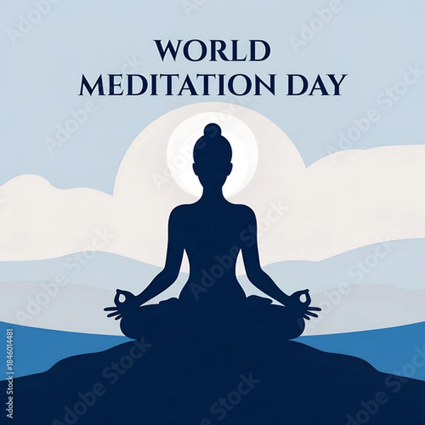 Obraz World Meditation Day peaceful silhouette in spiritual harmony with sky clouds and halo glow for mindfulness awareness and global wellness promotion
