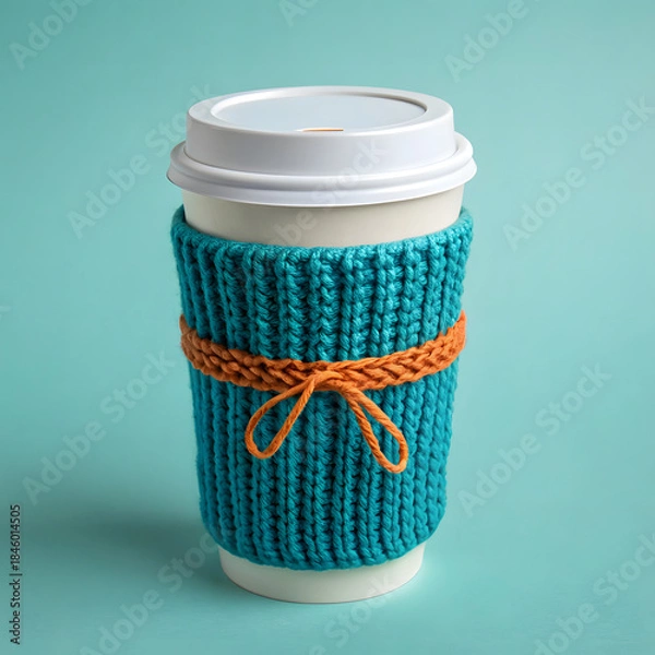 Fototapeta Cozy knitted coffee cup sleeve in teal with orange tie perfect for winter drinks and cafe branding isolated on a teal background