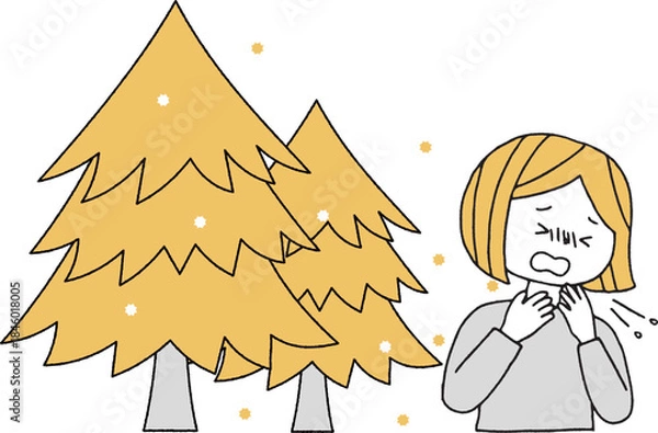 Fototapeta 花粉を出す杉の木とくしゃみをする女性単色