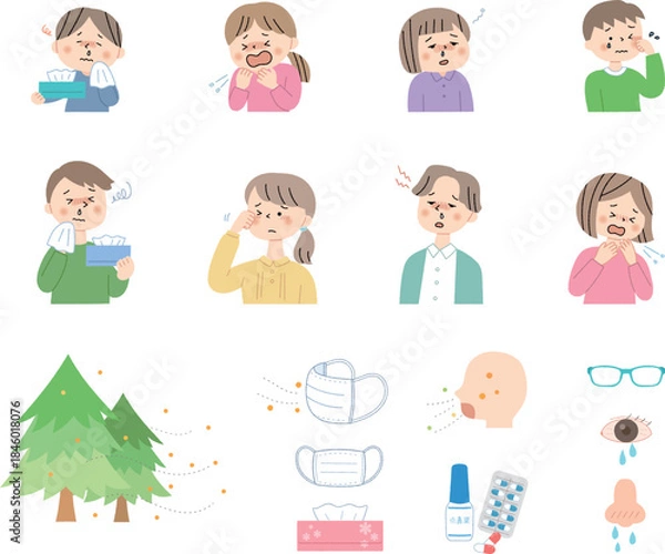 Fototapeta 花粉症に困る人々とアイコンセット