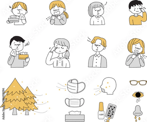 Fototapeta 花粉症に困る人々とアイコンセット単色