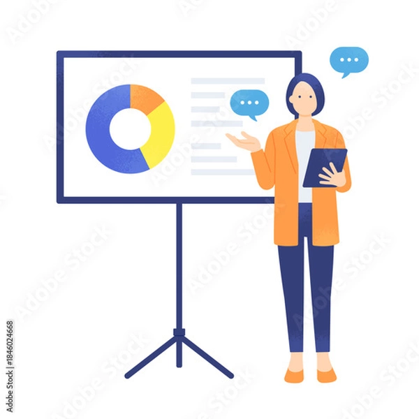 Obraz シェア率や業績を解説。円グラフのデータを示してタブレットでプレゼンする女性。