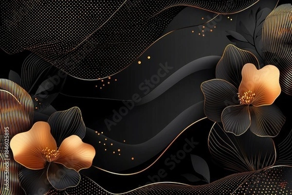 Fototapeta golden lines and flowers with gradient on black background for elegant simple vector avatar and social media profile design