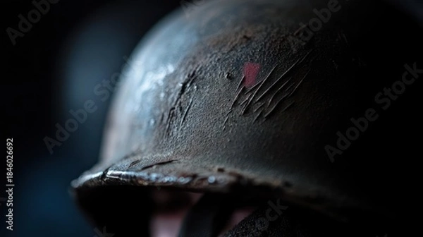 Fototapeta Weathered military helmet close-up capturing history, resilience, and solemn remembrance of
