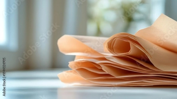 Fototapeta Close-up of peach-toned paper stack featuring soft hues for artistic background use