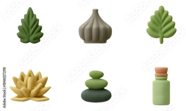 Fototapeta Soft Clay 3D Icons Set for Organic Wellness Art on Transparent Background