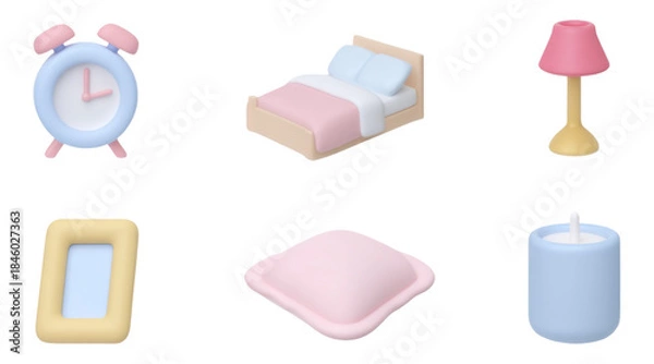 Fototapeta Soft Toy Icons for Bedroom Decor in 3D Art Style on Transparent Background