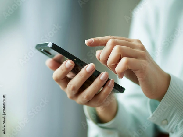 Obraz スマホを操作する女性の手元　A close-up of a woman's hands operating a smartphone　Generative AI
