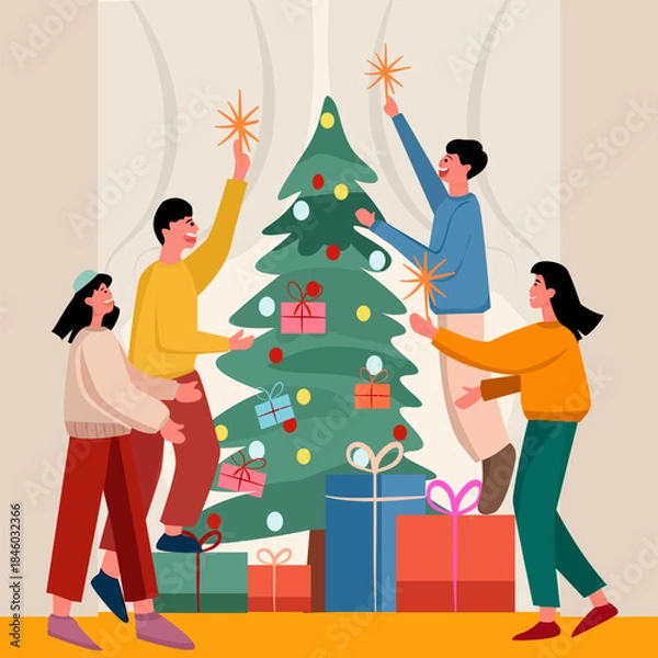 Obraz Happy Family Decorating Christmas Tree Together Illustration