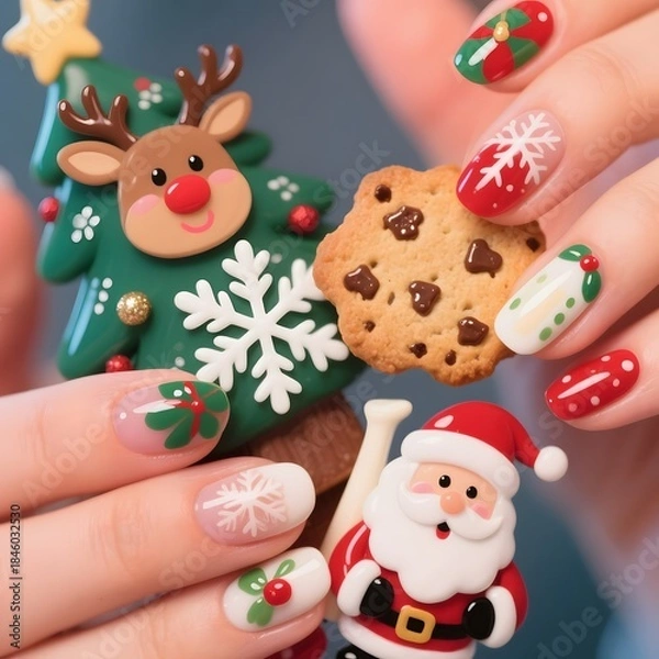 Obraz 4k high quality Ai generative HD photo realistic red green white Christmas tree ornament decoration cute pretty fashion finger nail art hand holding cookie snowflake winter closeup Santa Claus 3D deer