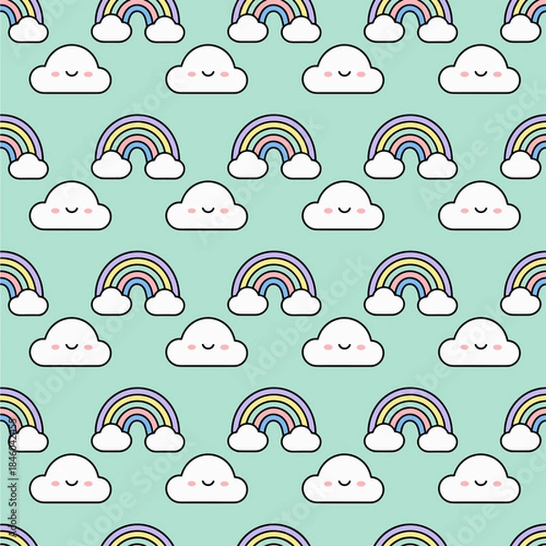Obraz Seamless Pattern of Clouds and Rainbows on a Mint Background.