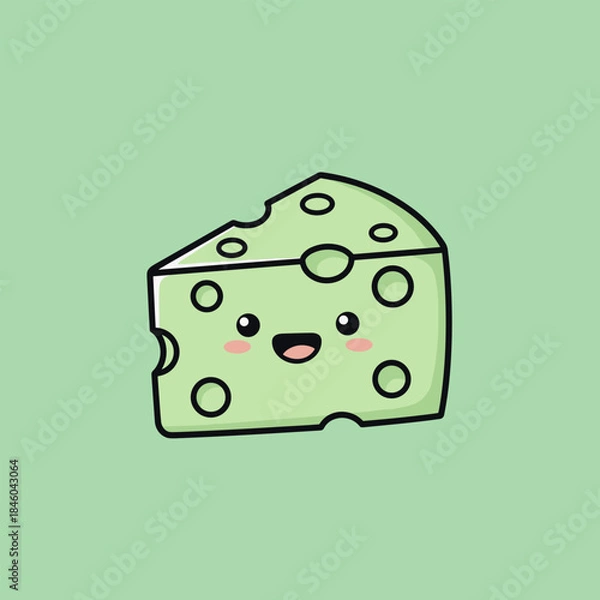 Obraz Cute Cheese Slice with Smiling Face on Green Background.
