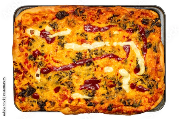 Fototapeta Rectangular homemade pizza on a white background. Homemade Pizza Isolated