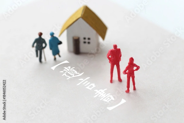 Obraz 遺産相続のトラブルをミニチュア人形と家と文言で表現した写真