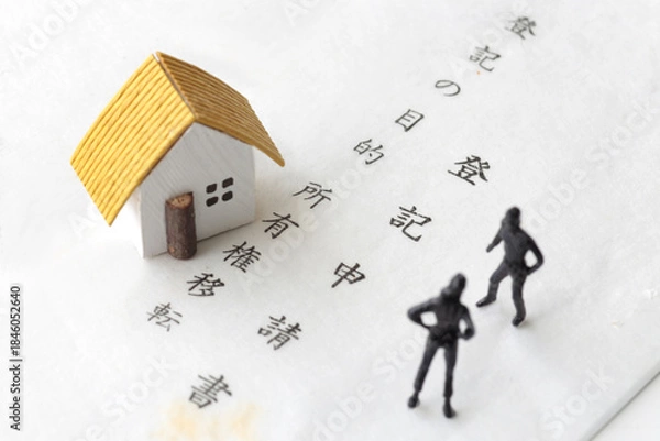 Obraz 遺産相続のトラブルをミニチュア人形と家と文言で表現した写真