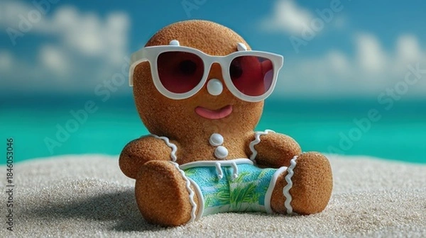Obraz Sun-Kissed Gingerbread Man: A whimsical gingerbread man takes a relaxing break on the beach, sporting stylish sunglasses and soaking up the sun's warm rays.