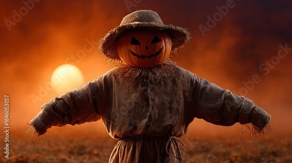 Obraz Halloween scarecrow in field under sunset: An eerie Halloween scarecrow stands tall in a barren field. The head is a carved pumpkin, a whimsical yet slightly sinister character.