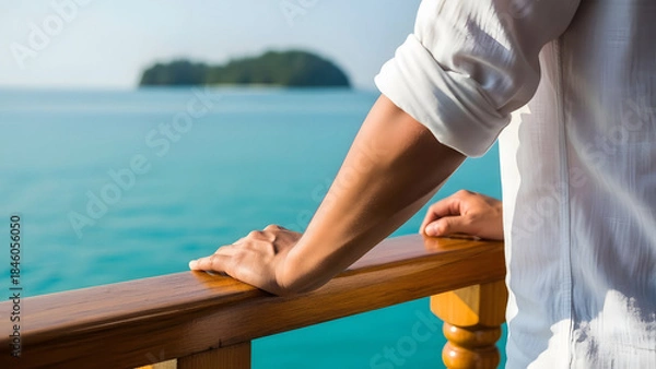 Fototapeta Person resting hands on wooden boat railing overlooking Kepulauan Anambas sea