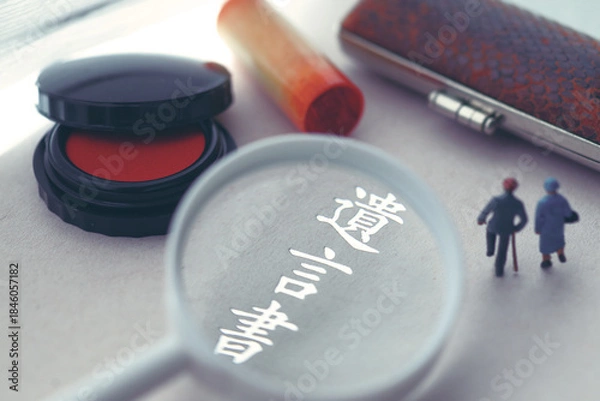 Obraz 遺言状と残された遺品やマイホームと印鑑