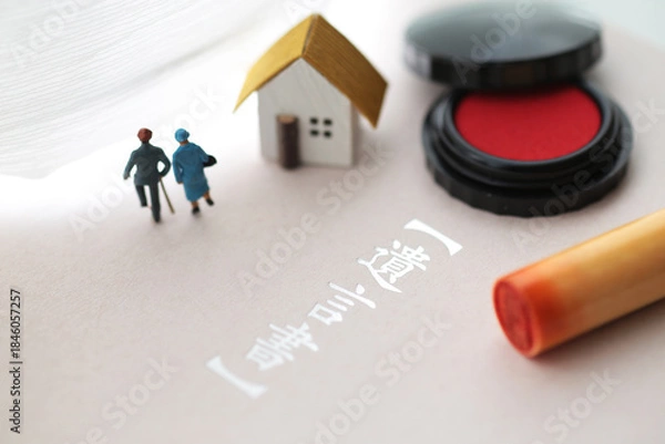 Obraz 遺言状と残された遺品やマイホームと印鑑