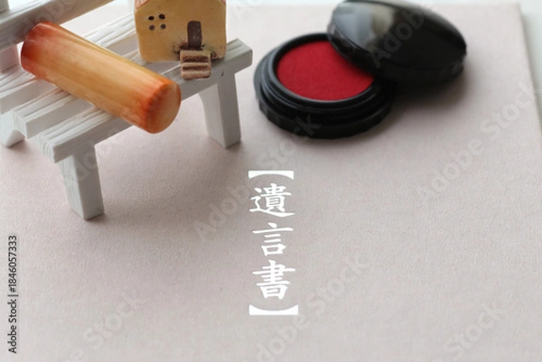 Obraz 遺言状と残された遺品やマイホームと印鑑