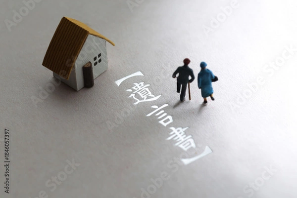 Obraz 遺言状と残された遺品やマイホームと印鑑