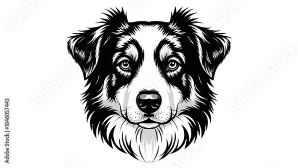Fototapeta Detailed black and white illustration of an Australian Shepherd dog's head, facing forward with a symmetrical and expressive face.