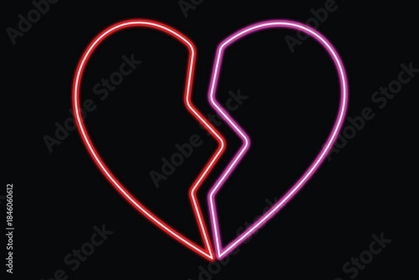 Fototapeta A neon broken heart glowing with red and pink light against a black background
