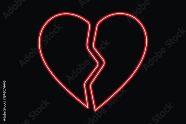 Fototapeta A luminous red neon sign depicting a broken heart against a dark background