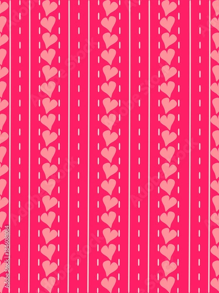 Fototapeta Repeating vertical stripes and white dash lines with light pink heart shapes aligned vertically within each stripe seamless pattern background. Design for valentine theme.