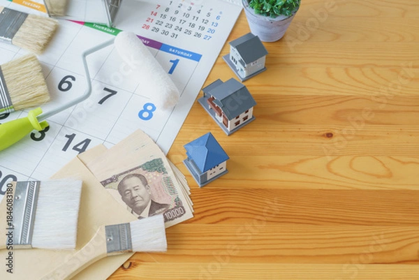 Fototapeta カレンダーと塗装道具と日本のお金｜DIY・リフォーム・塗装業者・スケジュールと費用　イメージ