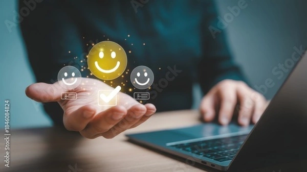 Obraz Customer Satisfaction Concept: A person holds a glowing symbol of satisfaction with smiley faces floating above, illustrating concepts of customer service and positive experience.