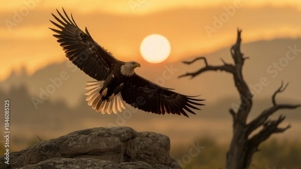 Obraz Soaring Eagle at Sunrise: An majestic bald eagle ascends gracefully against a golden sunlit backdrop, embodying freedom and strength. The sun bathes the scene in warm hues.