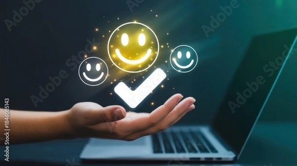 Obraz Digital Affirmation: A hand tenderly presents a checkmark amidst glowing emoticons, symbolizing positive feedback, satisfaction, and approval on a laptop screen.