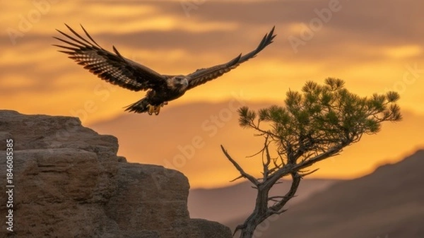 Obraz soaring eagle over landscape: A majestic eagle with widespread wings soars gracefully through the warm, golden hues of the setting sun, its silhouette framed against a breathtaking landscape.