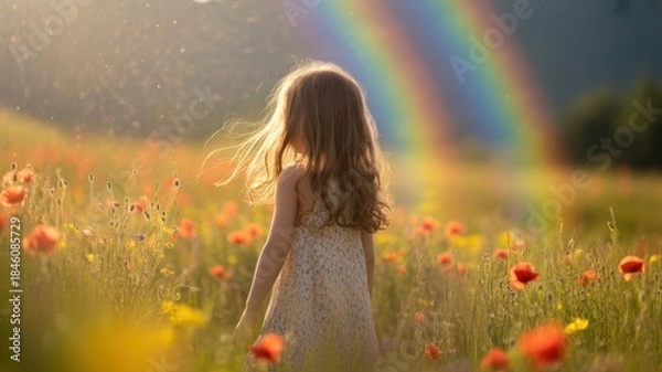 Obraz Child's dream with Rainbow in Field: A young child with flowing hair stands amidst a vibrant field of flowers, bathed in sunlight. A brilliant rainbow arcs gracefully across the sky.