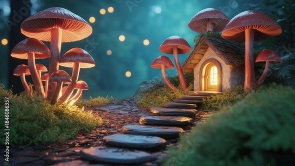 Obraz Enchanted mushroom House: A magical, whimsical scene unfolds featuring a mushroom house nestled amidst giant mushrooms in a mystical forest, creating a dreamlike, fairy tale atmosphere. 