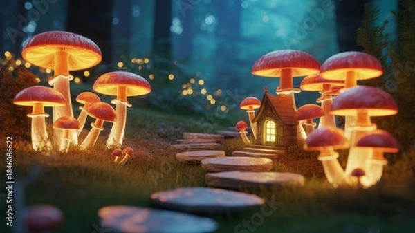 Obraz Enchanted Mushroom House: A whimsical scene unfolds as radiant mushrooms illuminate a serene forest path, guiding the way to a cozy mushroom-shaped cottage, exuding a warm and inviting glow.