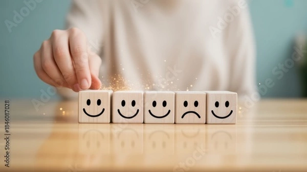Obraz Customer Satisfaction: A close-up shot shows a hand interacting with a row of wooden blocks, each displaying a different emotion to show feelings about feedback and customer experience