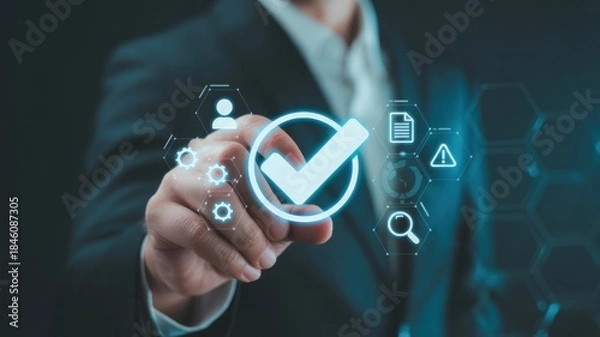 Obraz Ensuring Quality: An individual hand, poised with precision, interacts with an illuminated digital check mark symbol, signifying endorsement and assurance, set against a dark background.