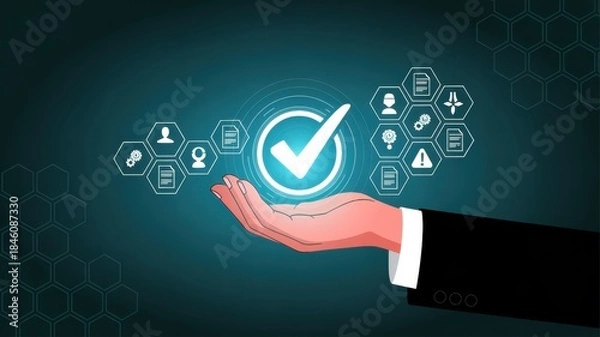 Obraz Digital Assurance: A stylized image captures a hand holding a glowing checkmark, surrounded by interconnected icons, symbolizing digital assurance and validation within the digital realm.