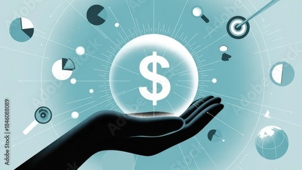 Obraz Finance in Hand: A conceptual visual of a hand cradling a glowing globe with the dollar sign, suggesting the power and responsibility associated with financial management.