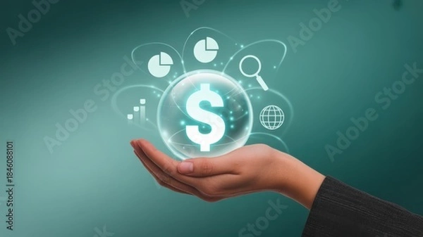 Obraz Financial Vision: An outstretched hand delicately cradles a luminous sphere displaying a dollar sign, surrounded by icons of financial insight and strategic thinking.