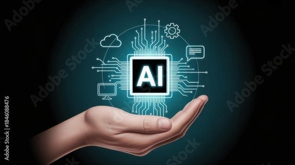 Obraz AI Technology in Hand: A conceptual representation of artificial intelligence, with a circuit board design at its core, gently cradled in a human hand, showcasing technological progress.