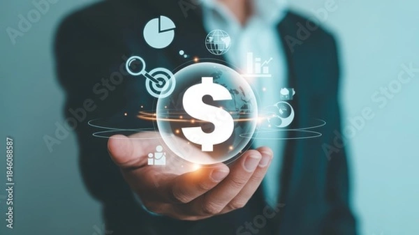 Obraz Financial Vision: A businessman extends his hand, showcasing a luminous dollar sign encapsulated within a sphere of interconnected financial symbols, embodying the concept of financial opportunity.